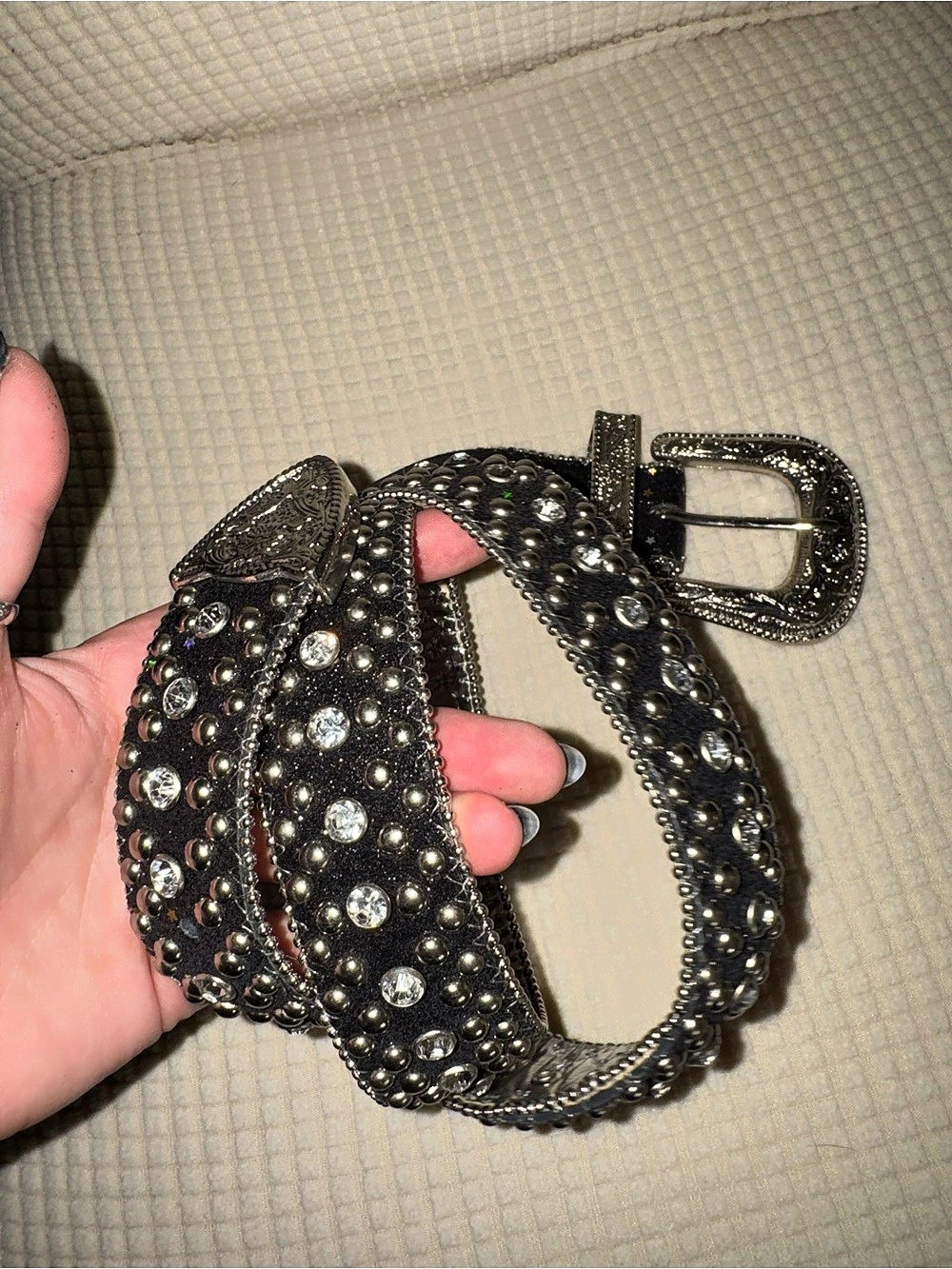 GUESS Y2K Sparkly Studded Rhinestone Belt in Black & Silver XL NWT - Picture 3 of 6
